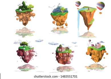 Set six islands low poly with white background,nature saving energy and building concept,geometric and triangle shape design,green environment ecology polygon,vector art and illustration. 