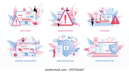 Set of six isolated data privacy compositions with flat icons of warning alerts locks and shields vector illustration