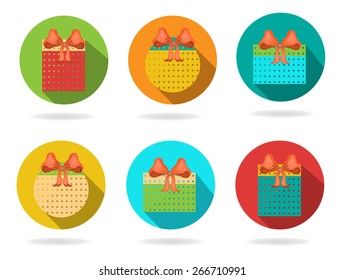 Set of six isolated, flat, colorful buttons, icons with gift 
