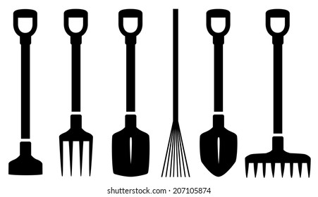 set six isolated garden tools on white background
