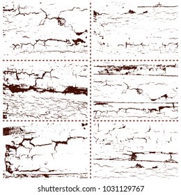 Set of six isolated patterns of cracks. Grunge or vintage design elements. Vector illustration