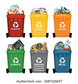 Set of six isolated plastic garbage containers with wheels and text with recycle symbol and waste vector illustration