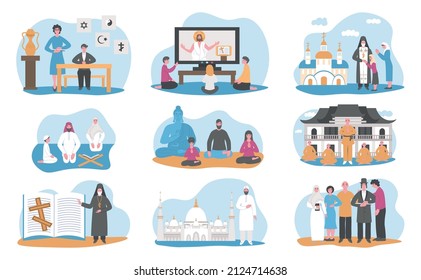 Set of six isolated religious knowledge flat compositions with characters of monks and priests with books vector illustration