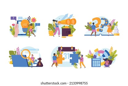Set with six isolated searching decisions concept flat compositions with human characters and conceptual pictogram icons vector illustration
