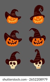 Um conjunto de seis elementos vetoriais isolados para o Halloween. Inclui quatro jack-o-lanternas assustadoras e dois crânios bonitos, todos usando chapéus de bruxa. Perfeito para adesivos de festa ou decorações.