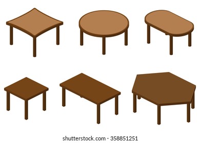 Set of six isometric brown wooden tables. 