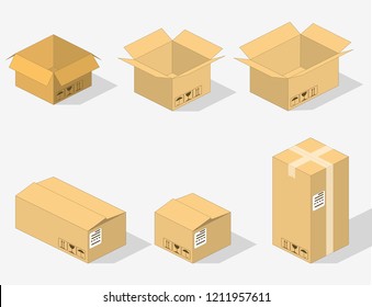 Set of six isometric cardboard boxes isolated vector illustration