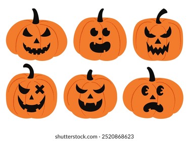 Conjunto de seis abóboras Jack O' Lantern com faces assustadoras e brincalhonas, perfeito para decorações de Halloween, convites e artesanato. Cada abóbora apresenta uma expressão única, adicionando charme festivo. Colhe.