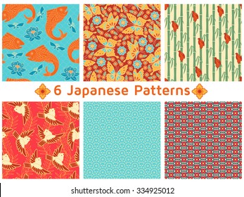 Set of six Japanese Patterns. Floral and animal elements, butterflies, carps, sparrows, chrysanthemums, lotus, cherries, bamboo, etc.