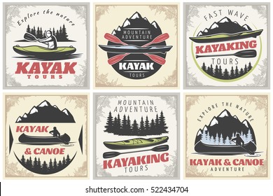 Set of six kanoe and kayak square labels with forest mountain adventure symbols silhouettes and captions vector illustration