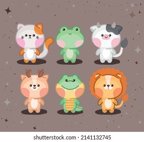 set of six kawaii animals