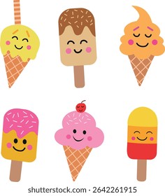 Set of Six Kawaii cartoon colorful ice cream cones. For stickers, summer graphics , clipart, and kids clothing 