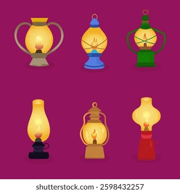 A set of
 six kerosene lamps. Lights for camping, gardening, camping, walking. Vector illustration. Cartoon