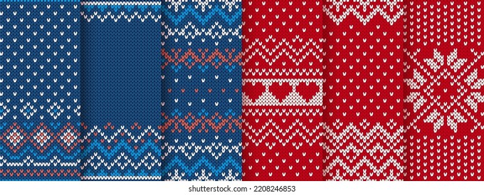 Set of six knitted holiday textures. Red and Blue. Knit seamless pattern. Christmas borders. Blue Xmas prints. Fair isle traditional ornaments. Festive winter backgrounds. Vector illustration.