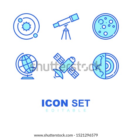 set of six laboratory duo tone blue line filled style icon such icons as magnet, apple, atom, scientist, and other