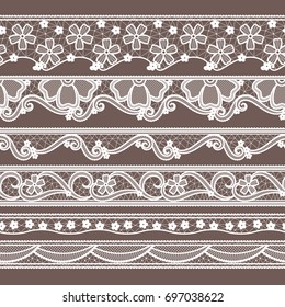 Set of six lace ribbons horizontal seamless patterns. Vector needlework illustrations