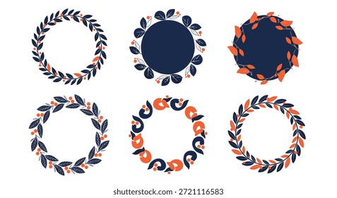 Conjunto de seis grinaldas de folhas em um esquema de cor azul escuro e laranja brilhante, apresentando vários desenhos de folhagem para logotipos e bordas modernos.