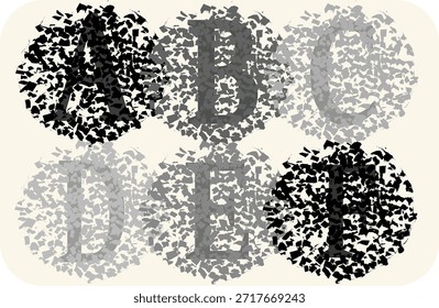 Conjunto de seis letras del alfabeto, de la A a la F, representadas en un estilo de fuente distintivo "agrietado" o "destrozado". La fuente está diseñada con una textura grunge, erosionada o rota, dando la apariencia de fragmentación o un efecto de explosión. 