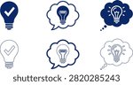 Set of six light bulb thought and idea icons with different expressions isolated on transparent background, Vector
