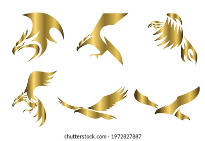Set of six line art gold vector logo of eagle. Can be used as a logo Or decorative items.	