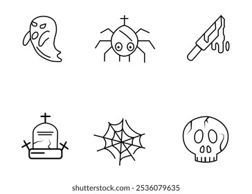 A set of six line art Halloween icons depicting a ghost, spider, bloody knife, graveyard, spiderweb, and skull.