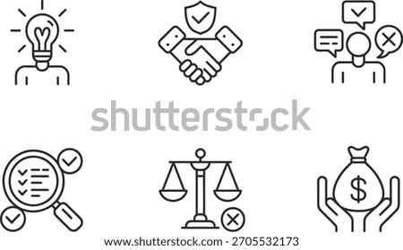 Set of six line art icons representing core business concepts like idea, agreement, feedback, review, justice, and money management for corporate presentations and web design.