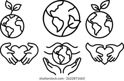 Set of six line art illustrations depicting Earth with leaves, hands holding a heart and hands protecting the Earth, symbolizing environmental care and love for nature.