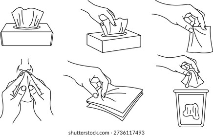 A set of six line art illustrations showing different ways to use facial tissues: pulling from a box, holding, blowing nose, wiping, and disposing in a bin. This visual guide covers hygiene and health