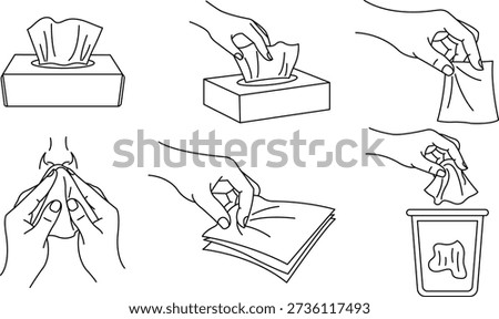 A set of six line art illustrations showing different ways to use facial tissues: pulling from a box, holding, blowing nose, wiping, and disposing in a bin. This visual guide covers hygiene and health