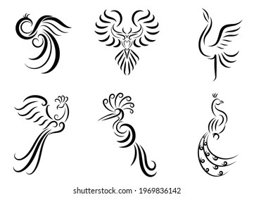 Set of six line art vector images of various beautiful birds such as pheasant peacock  crane Phoenix and eagle Good use for symbol mascot icon avatar and logo