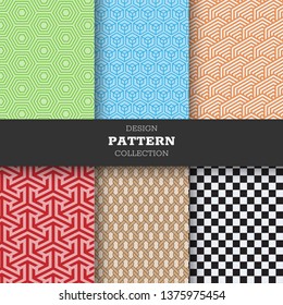 Set of six line geometric collection pattern full color hand drawn ink seamless patterns. Endless vector backgrounds of simple primitive scratchy textures with dots, stripes, waves. 