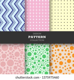 Set of six line geometric collection pattern full color hand drawn ink seamless patterns. Endless vector backgrounds of simple primitive scratchy textures with dots, stripes, waves. 