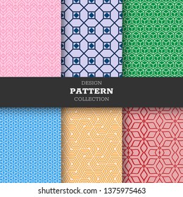 Set of six line geometric collection pattern full color hand drawn ink seamless patterns. Endless vector backgrounds of simple primitive scratchy textures with dots, stripes, waves. 