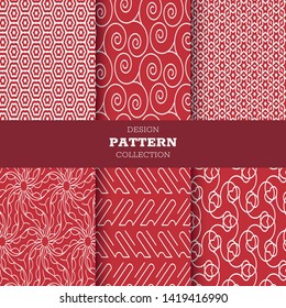 Set of six line geometric collection pattern full color hand drawn ink seamless patterns. Endless vector backgrounds of simple primitive scratchy textures with dots, stripes, waves. 