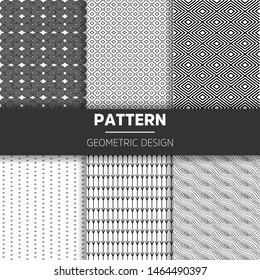 Set of six line geometric collection pattern full color hand drawn ink seamless patterns. Endless vector backgrounds of simple primitive scratchy textures with dots, stripes, waves. 