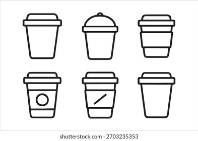 Um conjunto de seis desenhos lineares de xícara de café, apresentando vários projetos de tampa e contêiner.