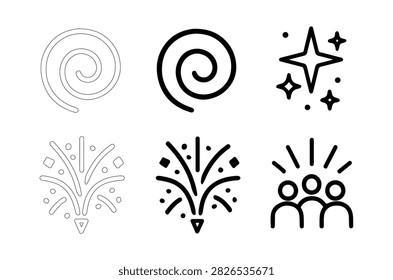 A set of six linear icons depicting a spiral, star, fireworks, and people, rendered in a simple black and white
