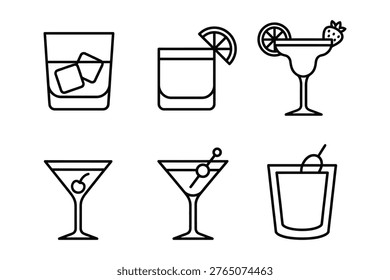 Set of six linear illustrations of various alcoholic and non alcoholic drinks in glasses with cocktail margarita strawberry illustration refreshment