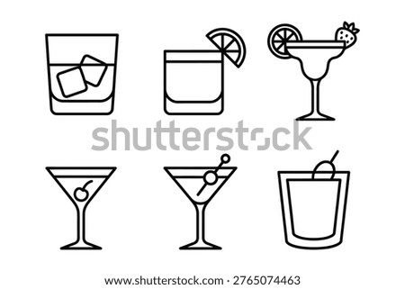 Set of six linear illustrations of various alcoholic and non alcoholic drinks in glasses with cocktail margarita strawberry illustration refreshment