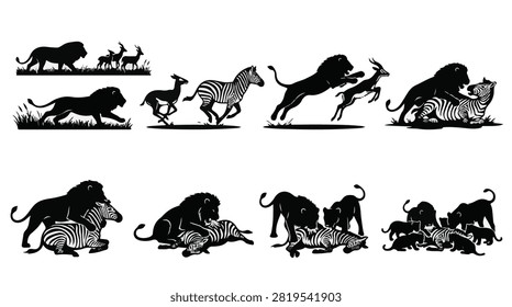 A set of six lion attacking the prey in various poses silhouette vector icon illustrations on a white background