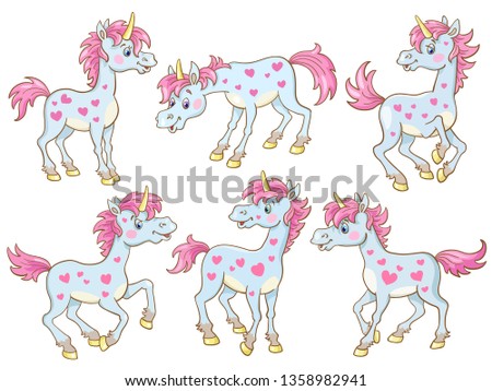 Set of six little funny unicorns.  In cartoon style. Isolated on white background.  Vector illustration.