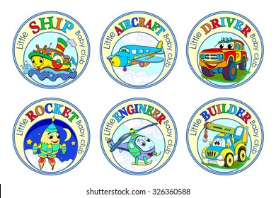 Set of six logos for children's clubs with cartoon characters on white background.