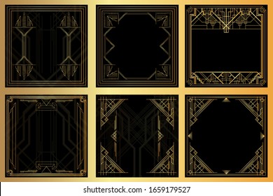 Set of six luxury geometric background with space for text. Vector illustrated vintage wedding invitation, greeting card in art deco.