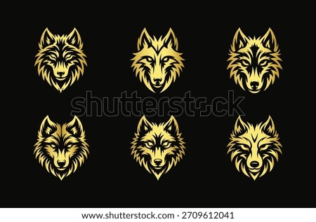 Set of Six Luxury Golden Wolf Head Logos. Animal Mascot Collection for T-Shirt Print, Badge, or Emblem Design
