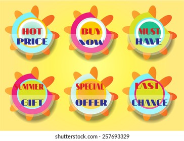 Set of six luxury, isolated summer stickers with text
