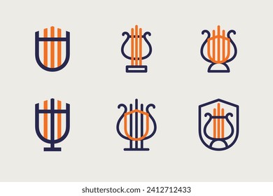 A set of six lyre icons in various styles. Minimalist shield icon in different style. Combination of Lyra instrument and shield. Lineart symbol Apollo God - Vector