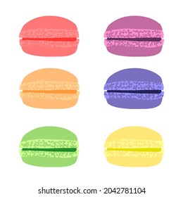 Conjunto de seis macarones con diferentes sabores, frambuesa, limón, naranja, pistacho, arándano y mora negra, mínima ilustración vectorial de estilo moderno