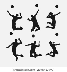 set of six male volleyball player silhouettes. athlete doing jump spike. various different pose, gesture. vector illustration.