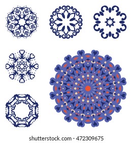 Set of six mandalas on isolated background. Graphic templates for floral design, vintage decorative element in indian style. Anti-stress therapy patterns. Yoga logos. Oriental snowflakes vector.