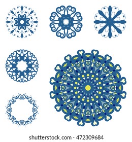 Set of six mandalas on isolated background. Graphic templates for floral design, vintage decorative element in indian style. Anti-stress therapy patterns. Yoga logos. Oriental snowflakes vector.